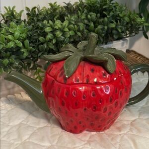 Strawberry Shaped Ceramic Teapot Red Green  Vintage Telaflora Final Sale
